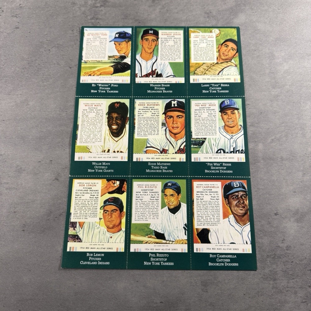 1954 Red Man Tobacco Uncut Repro Sheet Willie Mays Yogi Berra Whitey Ford